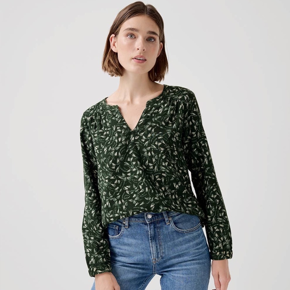 Pact Cafe Crepe Poet Blouse in Green Botanical Print, Size Small